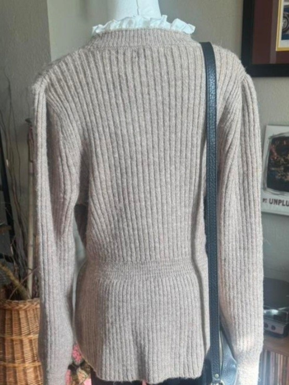 Anthropologie Ribbed Peplum Sweater With Lace Detail in Light Taupe Size L - Picture 2 of 4